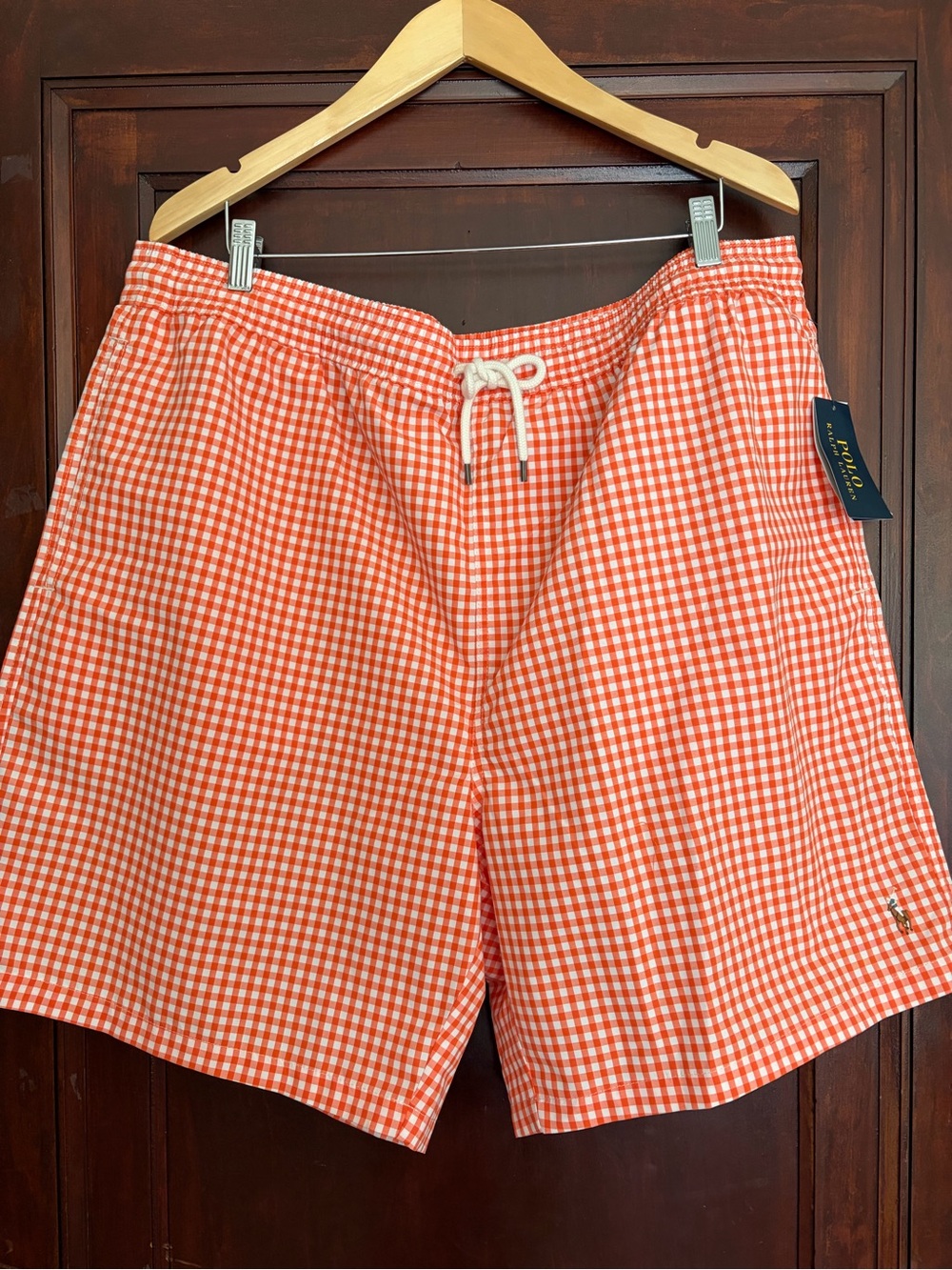 Ralph Lauren Orange and White Gingham Swim Trunks